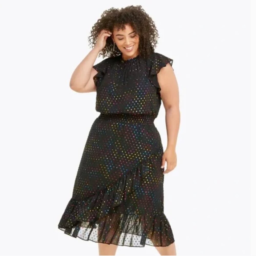 Draper James Kacey Faux Wrap Dress in Shimmer Dot Black Multi Rainbow Size XXL